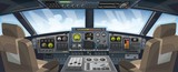 Airplane cockpit view with control panel buttons and sky background on window view. Airplane pilots cabin with dashboard control and pilots chair for games design. Airplane Vector illustration