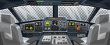 Airplane cockpit view with control panel buttons and transparent background on window view. Airplane pilots cabin with dashboard control and pilots chair for games design. Airplane Vector illustration