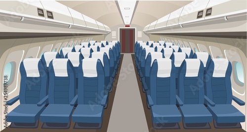 Airplane interior design. Passenger airplane seats, portholes and lights. Aircraft salon indoor interior. Airplane vector interior illustration