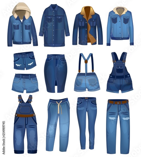 Jeans clothing collection with ripped details. Dark Blue denim jeans, shorts and jackets fits and styles. Vector jeans clothing.