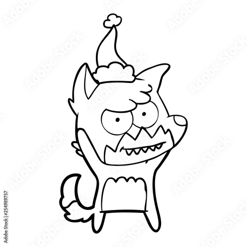 line drawing of a grinning fox wearing santa hat