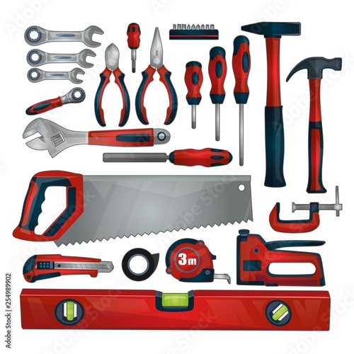 Hand tools icon set isolated on white background. Working tools and instruments collection for repair, construction and building. DIY tools. Vector hand tools set.
