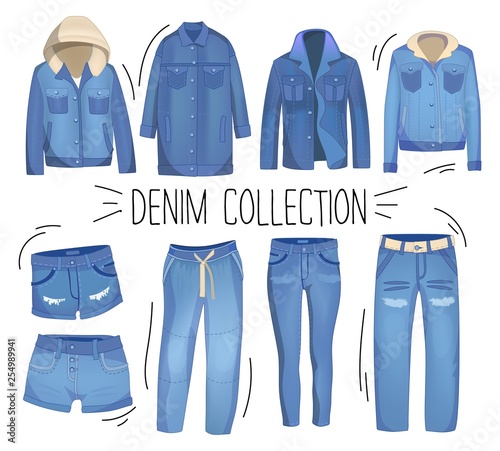 Light blue denim clothing. Jeans, jacket, shorts, overalls and skirt. Ripped jeans set. Vector denim illustration