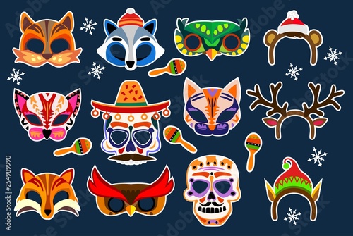 Colorful photo booth masks and props. Wedding, party, birthday, carnival or holiday collection. Vector masks and photo booth set.