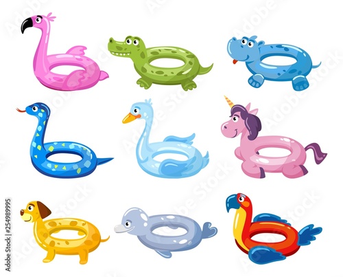 Swim rings cartoon set. Summer inflatable lifebuoys collection with animal heads. Flamingo, crocodile, swan, unicorn, dog, dolphin and parrot swim rings. Water and beach leasure vector collection.