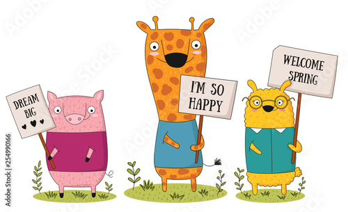 Vector poster with cartoon funny animals with a transparency with the spring slogan