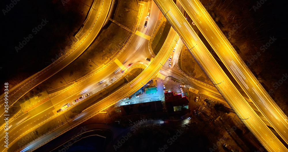 Road beautiful Aerial View of Busy Intersection, top view , Sochi, Russia at night