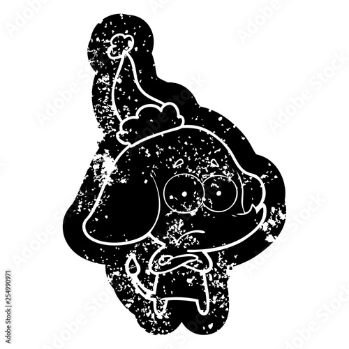 cartoon distressed icon of a unsure elephant wearing santa hat