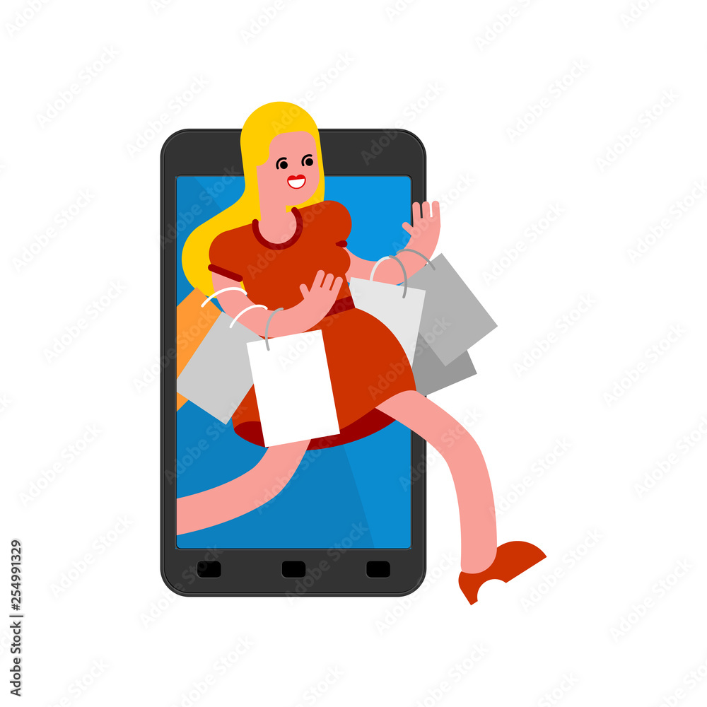 Advertentie Afleiding Aangenaam kennis te maken Online shopping isolated. Women coming out of smartphone. lady in store and  packages. buyer girl and shopping bag Stock Vector | Adobe Stock