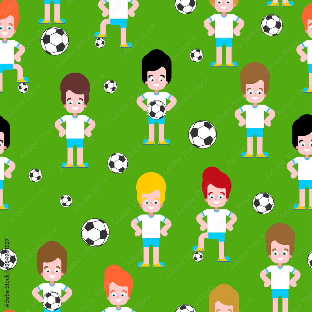 Children soccer pattern seamless. Boy football player set. team Little footballer Vector illustration