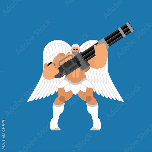 Guardian angel and Minigun. Warrior archangel and  Gattling gun. Battle saint patron