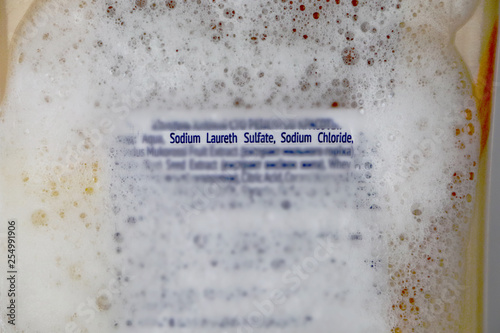 Sodium laureth sulfate (SLES). Composition of shampoo with sulfate on woman's hair photo