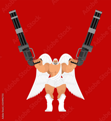 Guardian angel and Minigun. Warrior archangel and  Gattling gun. Battle saint patron