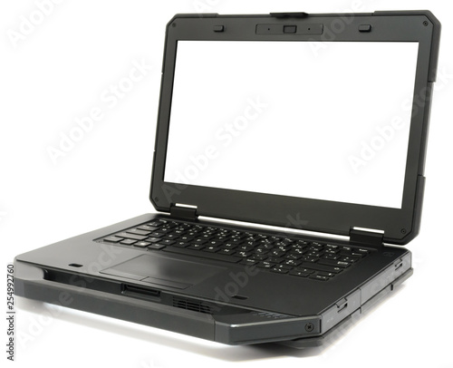 Fully Rugged Laptop with blank screen, isolated on a white photo