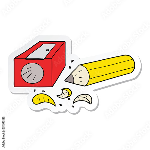 sticker of a cartoon pencil and sharpener