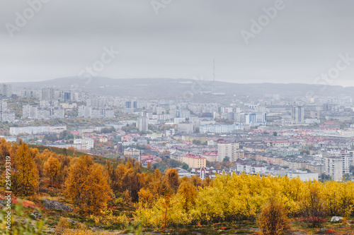 Multistory residential buildings on the hills among orange autumn trees in the northern city of Murmansk on a rainy day. Kola Peninsula, Russia