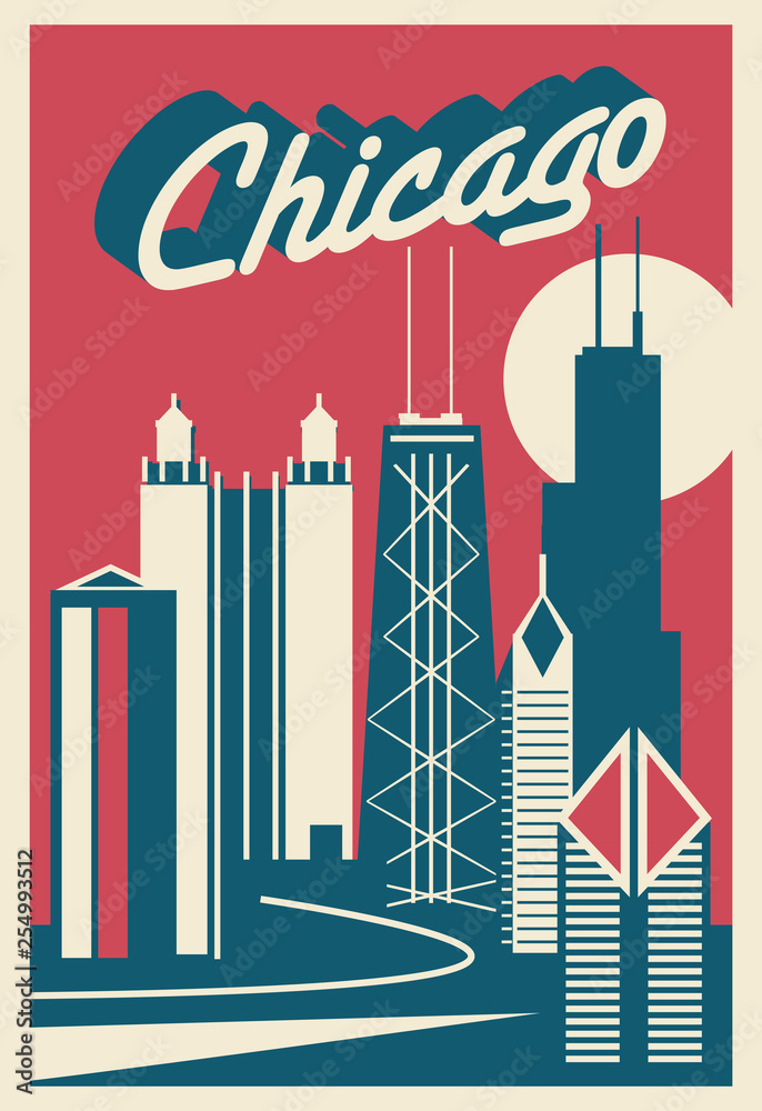 Obraz premium Pocztówka z panoramą Chicago w stanie Illinois