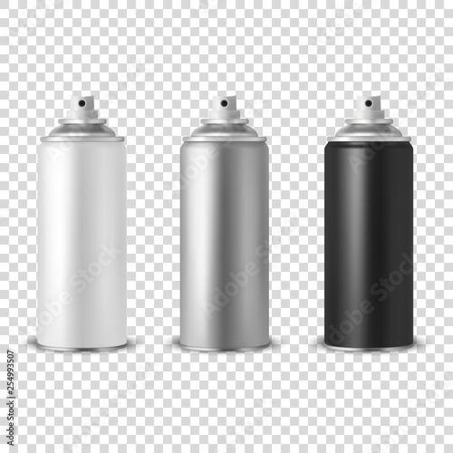 Vector 3d Realistic White Blank Spray Can, bottle Icon Set Closeup Isolated on Transparent Background. Design Template of Sprayer Can for Mock up, Package, Advertising, Hairspray, Deodorant etc