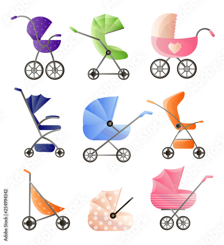Set of modern baby strollers for web design isolated on white background