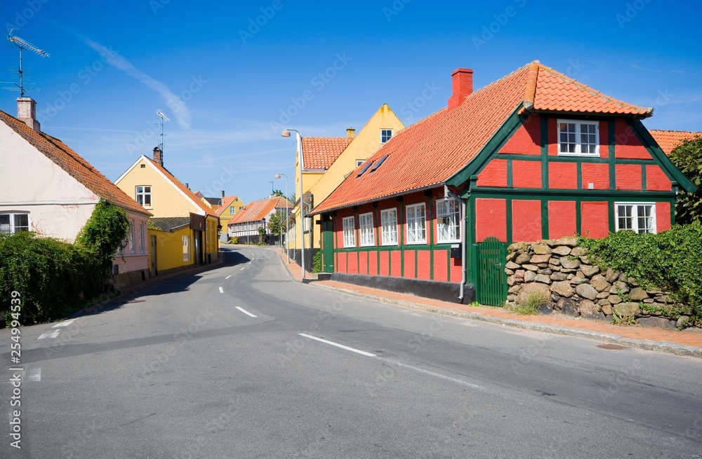 Traditional colorful half timbered houses in Svaneke, Bornholm, Denmark