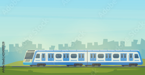 Passanger modern electric high-speed train with city landscape. Railway transport. Travel by train.