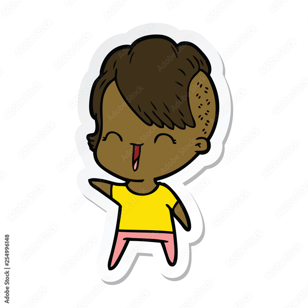 sticker of a cartoon happy hipster girl