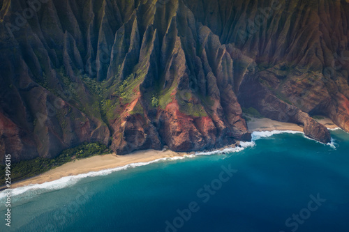 beautiful nature landscape in Kauai island Hawaii. View from helicopter,plane,top. Forest. Mountains. Ocean. View . Drone