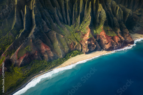 beautiful nature landscape in Kauai island Hawaii. View from helicopter,plane,top. Forest. Mountains. Ocean. View . Drone