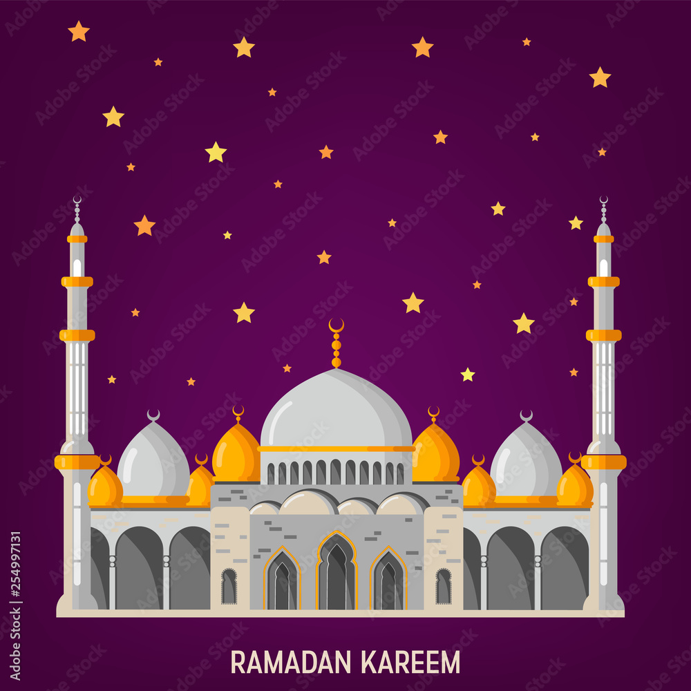 Ramadan Kareem greeting card layout with mosque, minarets, arabic shining lamps, and ornamental decor.