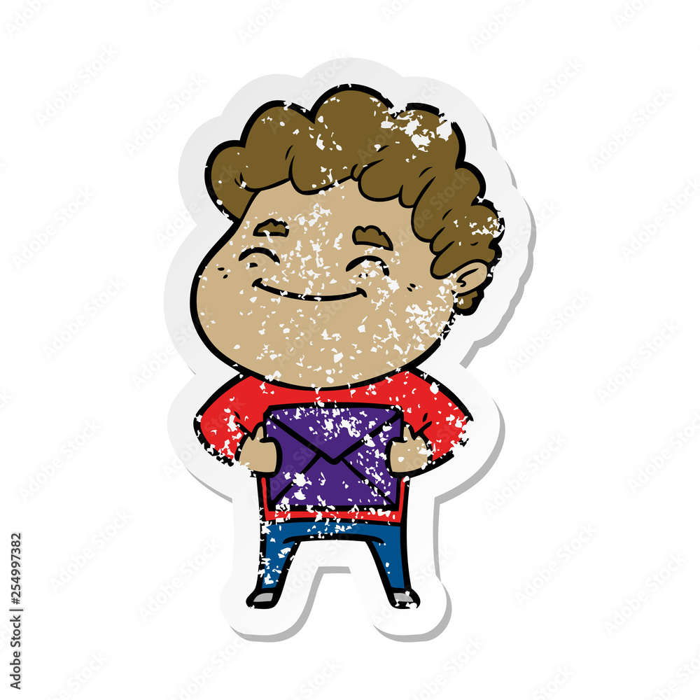 distressed sticker of a cartoon friendly man