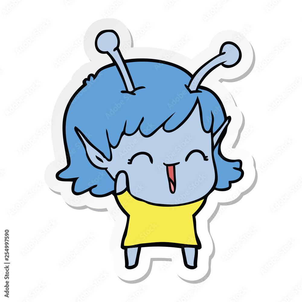 sticker of a cartoon alien girl laughing sticker of a cartoon alien girl laughing