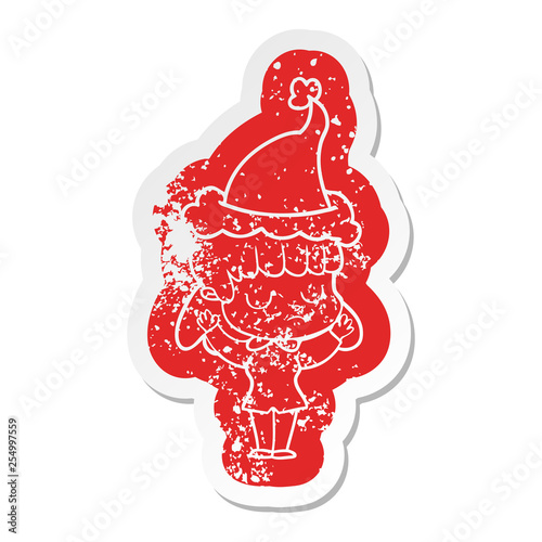 cartoon distressed sticker of a indifferent woman wearing santa hat