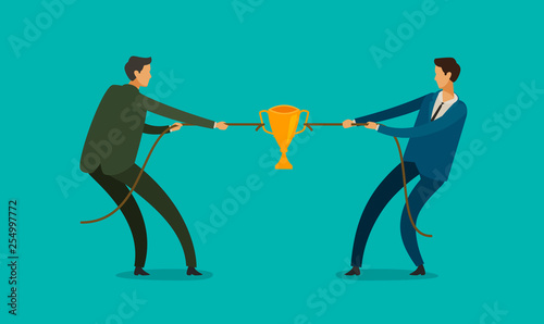 People pulling opposite ends of rope. Business at the tug of war competition, vector illustration