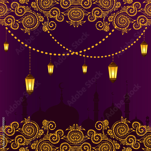 Ramadan Kareem greeting card layout with mosque, minarets, arabic shining lamps, and ornamental decor.