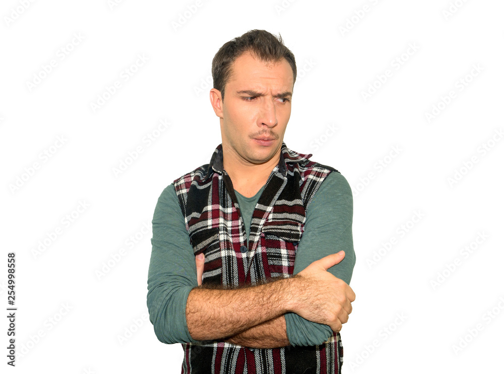 portrait of young, bored man which crossed hands. Isolated on a portrait of young, bored man which crossed hands. Isolated on a