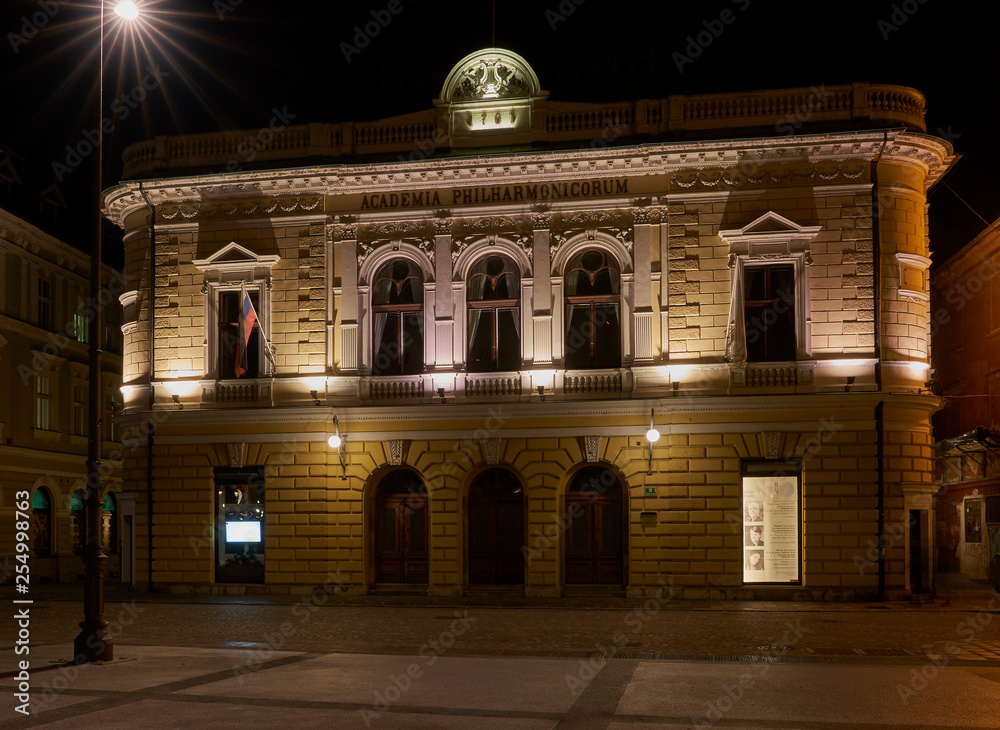 Slovenian philharmonic hall, Ljubljana, at night 