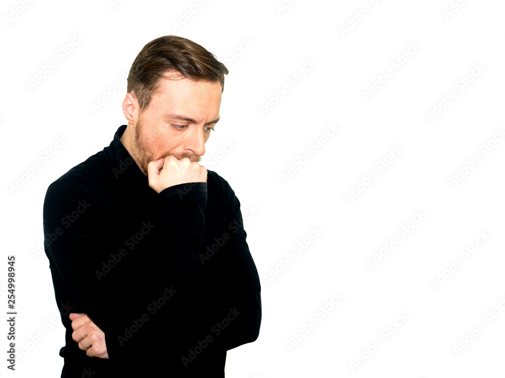 Photo of handsome man worries about something, isolated on white Photo of handsome man worries about something, isolated on white