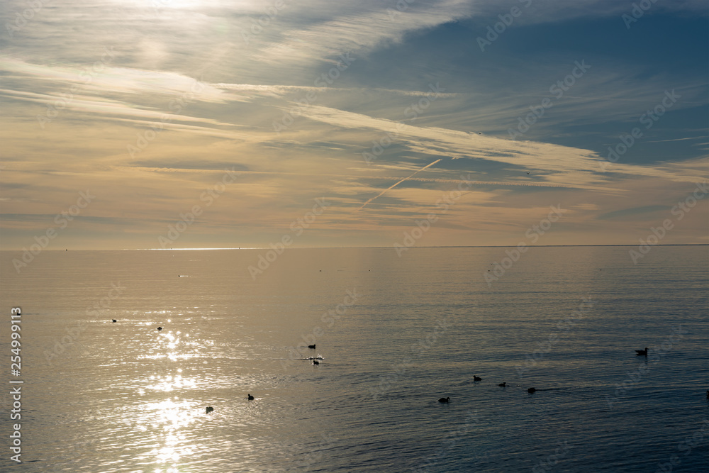 Obraz premium Sea lighted by the Sun, blue sky with clouds, ducks on the water