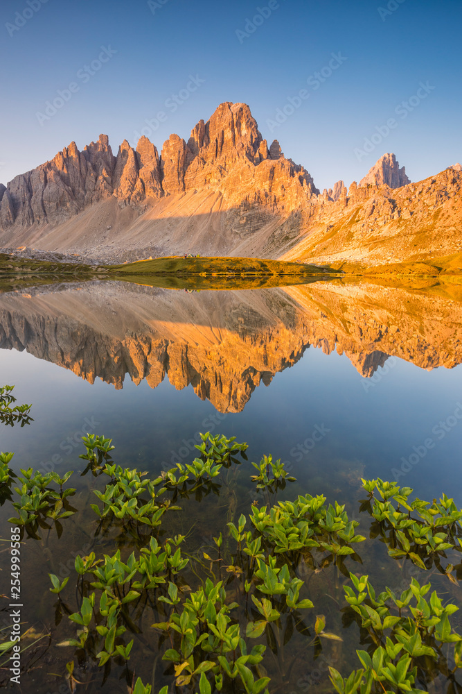 Mount Paterno reflected in the Piani lakes after the dawn