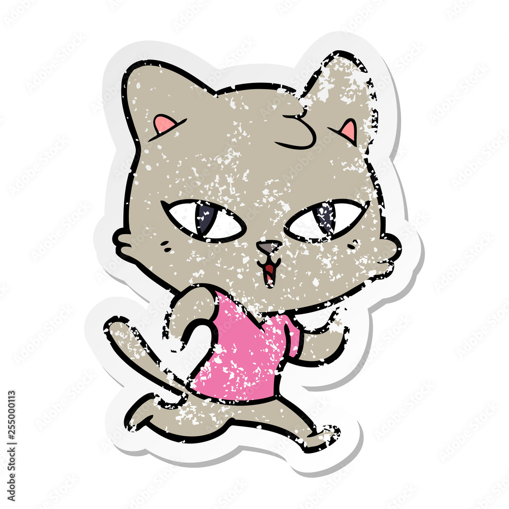 distressed sticker of a cartoon cat out for a run distressed sticker of a cartoon cat out for a run