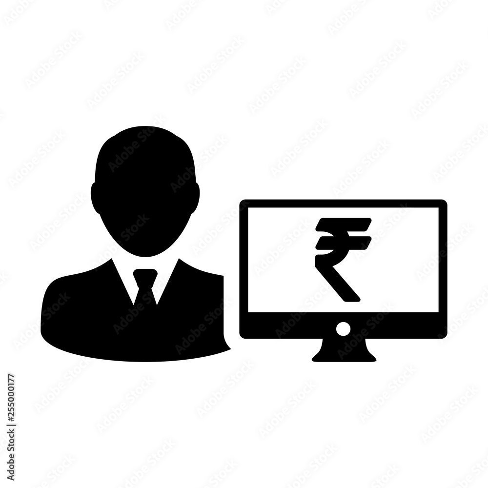 Avatar icon vector male user person with computer monitor screen and Rupee sign in flat color in Glyph Pictogram Symbol illustration Avatar icon vector male user person with computer monitor screen and Rupee sign in flat color in Glyph Pictogram Symbol illustration