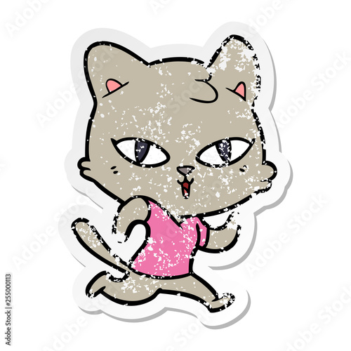 distressed sticker of a cartoon cat out for a run