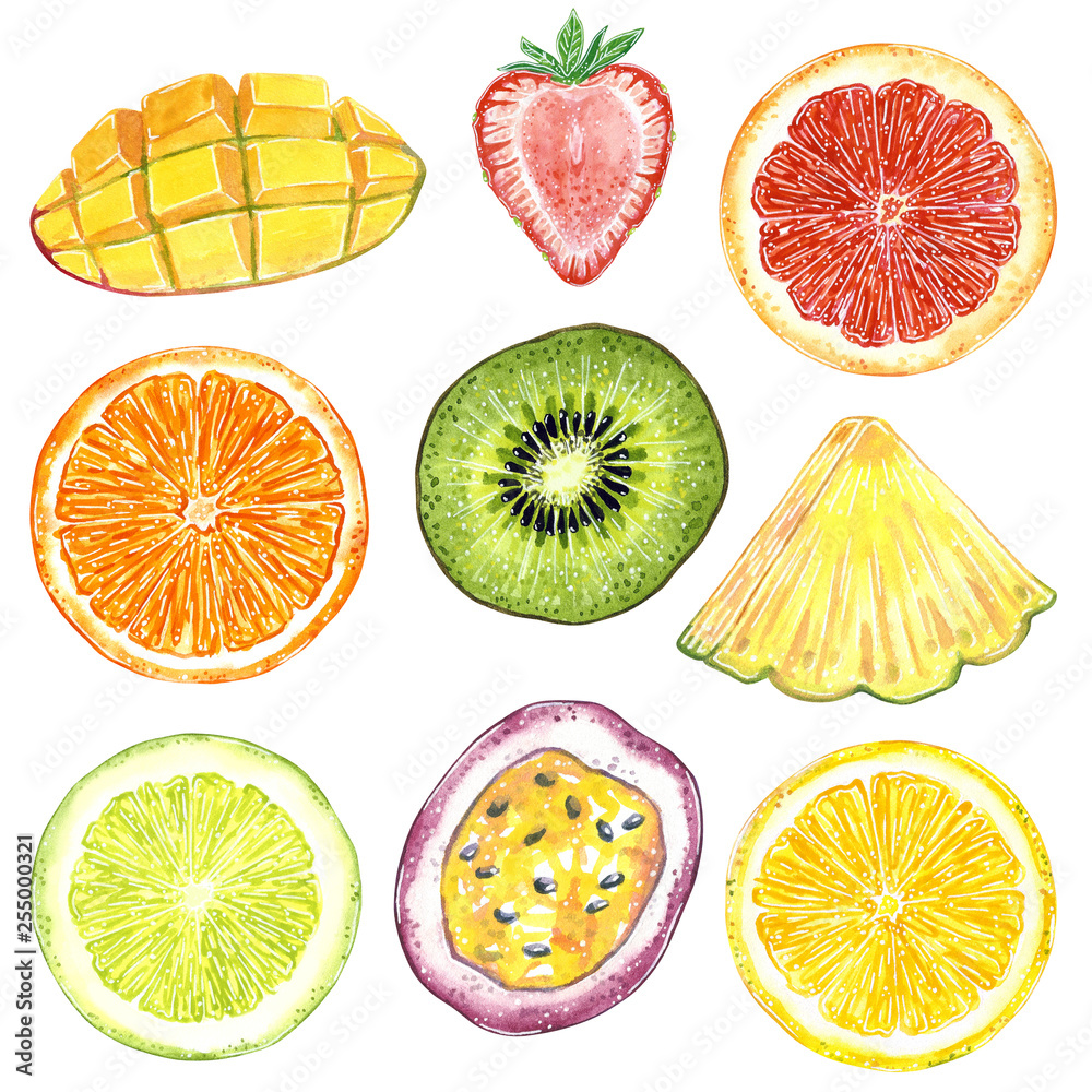 Different fruit slices clipart set. Hand drawn watercolor illustration,  cartoon style, isolated on white. Kiwi, pineapple, grapefruit, orange,  lemon, passion fruit, mango, strawberry and lime. Stock Illustration