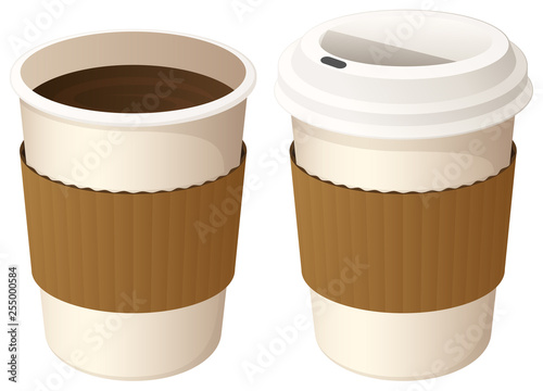 Vector illustration of a cup of coffee, with and without a carry-out lid. 