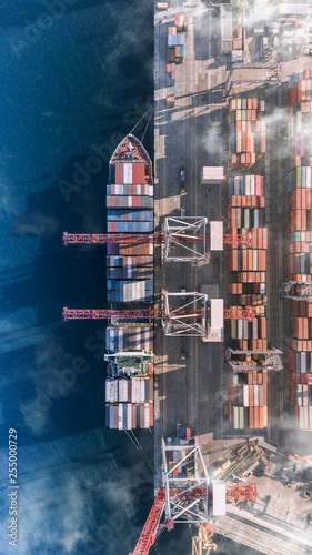 Fototapeta Naklejka Na Ścianę i Meble -  Container cargo ship in import export business logistic, Freight transportation, Aerial view.