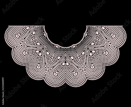 Neckline with beads. Folk art black and white  traditional pattern. Vector print with decorative elements  for embroidery, for women's clothing.