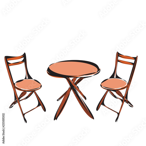  isolated, brown table and chairs, sketch