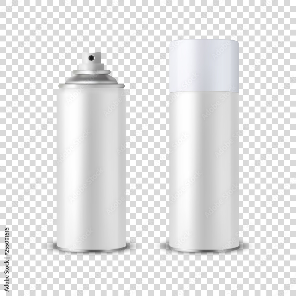 Vector 3d Realistic White Blank Spray Can, Spray Bottle with Cap Closeup Isolated on Transparent Background. Design Template of Sprayer Can for Mock up, Package, Advertising, Hairspray, Deodorant etc Vector 3d Realistic White Blank Spray Can, Spray Bottle with Cap Closeup Isolated on Transparent Background. Design Template of Sprayer Can for Mock up, Package, Advertising, Hairspray, Deodorant etc