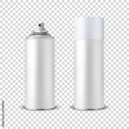 Vector 3d Realistic White Blank Spray Can, Spray Bottle with Cap Closeup Isolated on Transparent Background. Design Template of Sprayer Can for Mock up, Package, Advertising, Hairspray, Deodorant etc