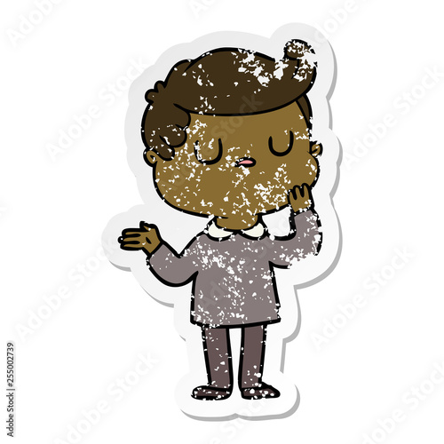 distressed sticker of a cartoon man wondering